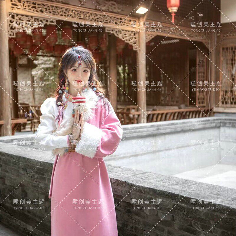 新款影楼主题粉色小清新藏袍西藏网红民族风少女旅拍写真拍照服装