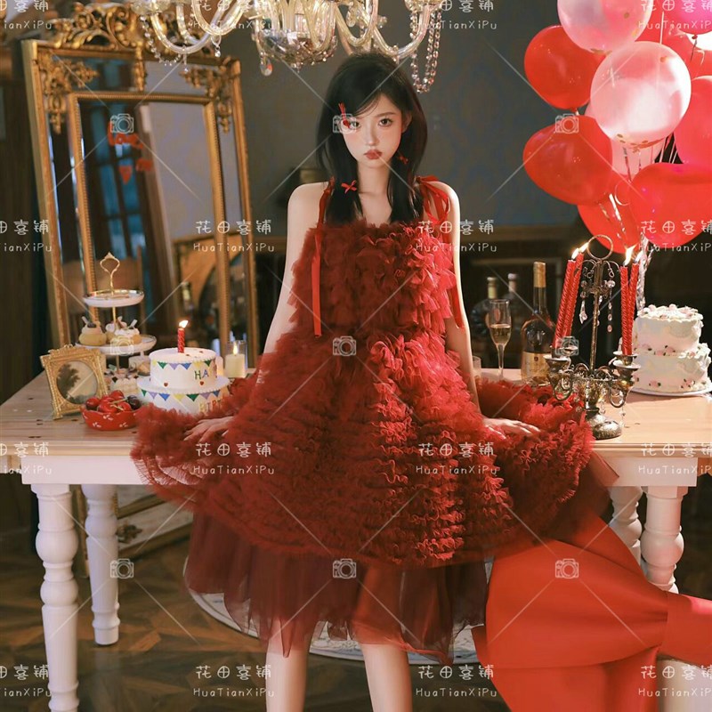 新款派对生日画报风写真红色婚纱礼服个性仙女甜美风艺术照摄影服