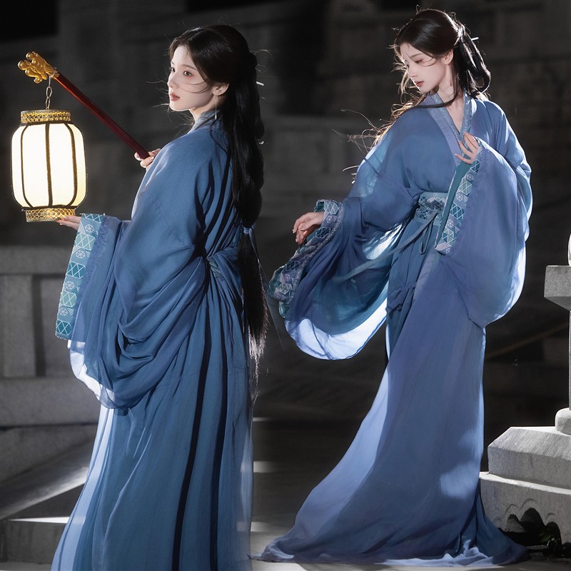 影楼新款蓝色战国袍女魏晋风交领直裾清冷风汉服拍照写真摄影服装