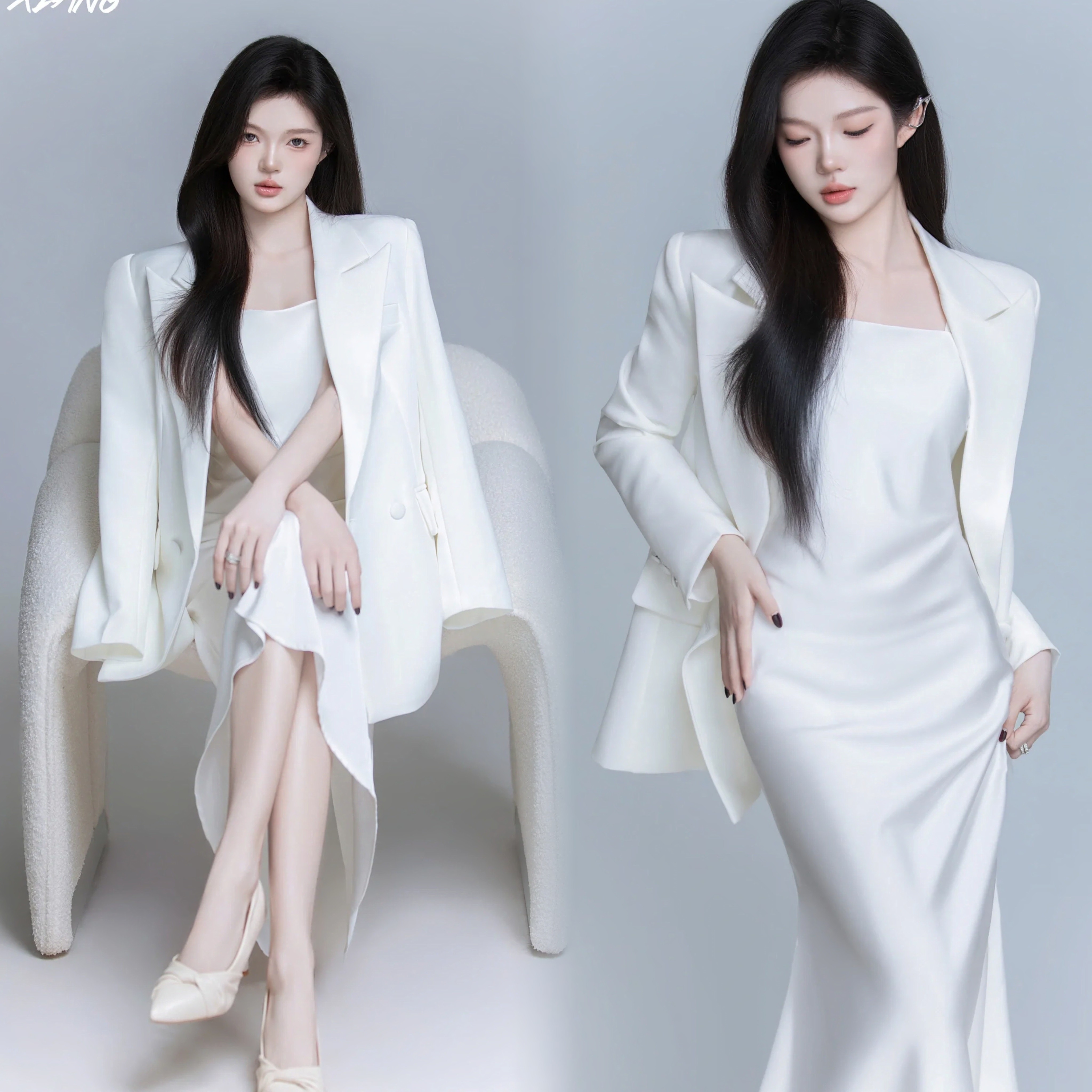 24影楼新款白色西装主题时尚杂志个人形象照肖像艺术拍照写真服装