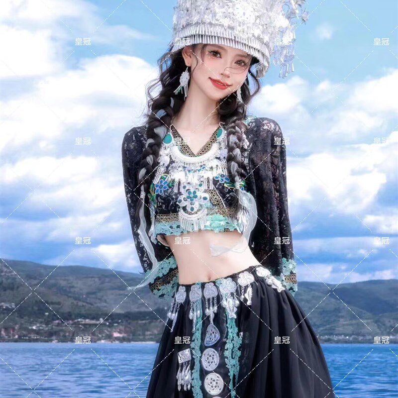 异域风情苗疆少女暗黑系苗族少女蕾丝刺绣少数民族风少女旅拍服装