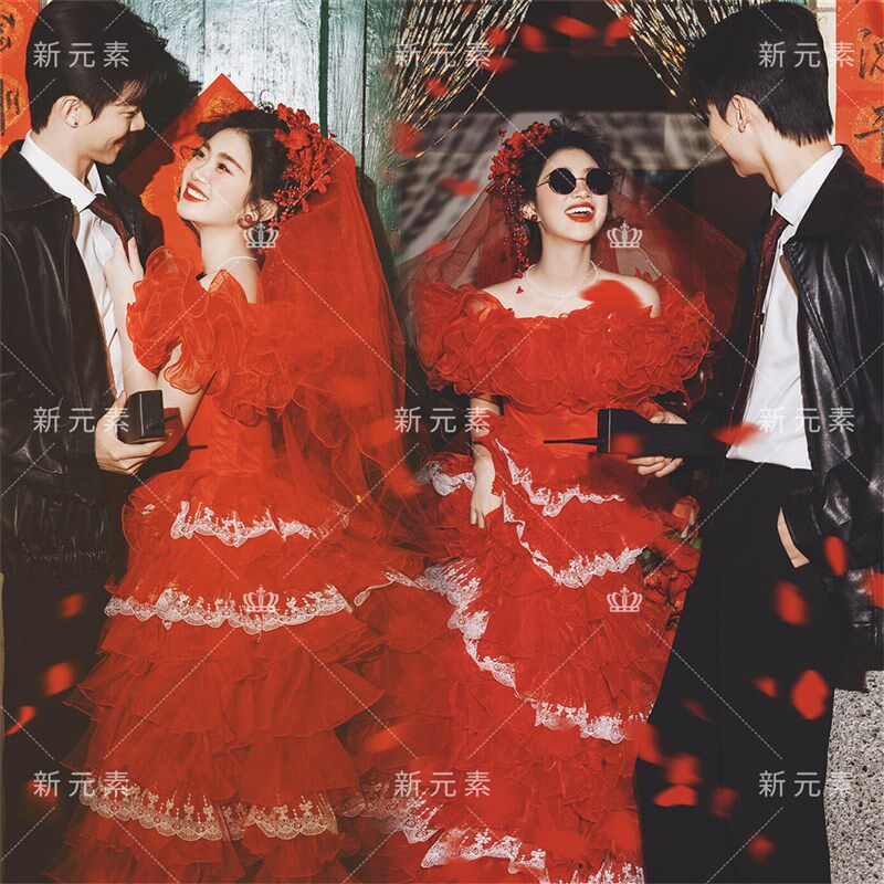 照相馆新款红色喜嫁复古婚纱80年代港风新娘礼服裙氛围感写真摄影