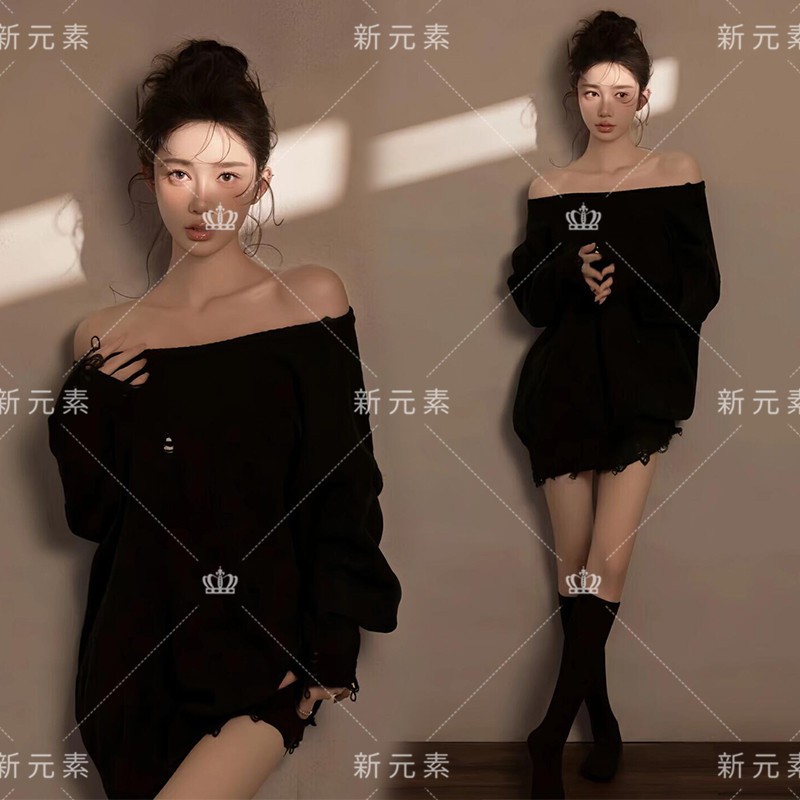 影楼新款慵懒纯欲风黑色毛衣时尚个性女孩光影感室内艺术照摄影服