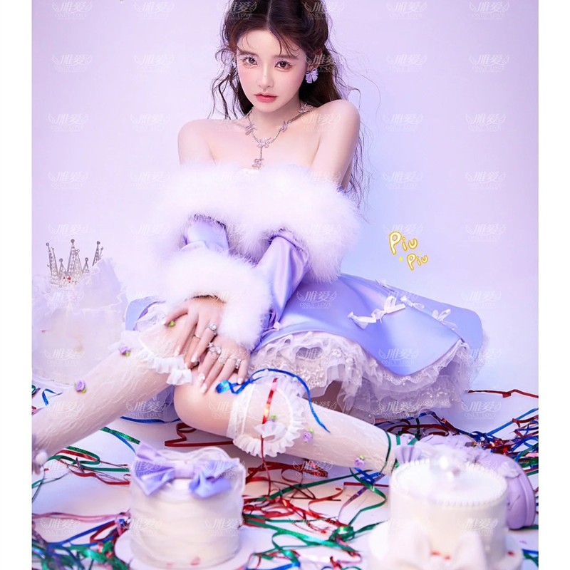 紫色轻婚纱抹胸蓬蓬裙 甜美森系超仙艺术写真照相馆主题婚纱拍摄