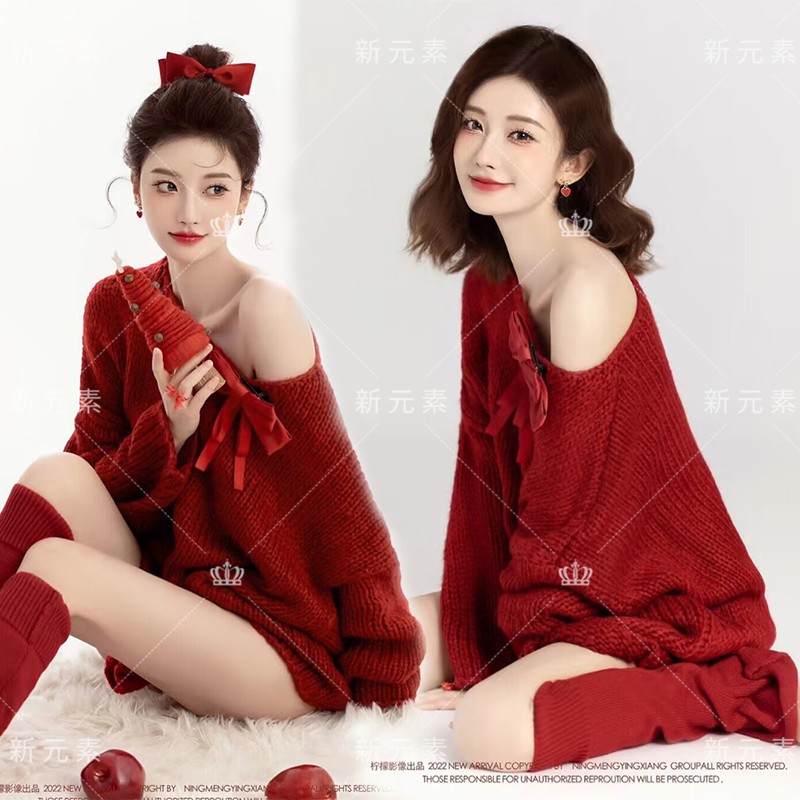 影楼秋冬新款新年圣诞写真主题服装红色毛衣个性女孩艺术照摄影服