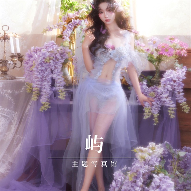 蓝色蕾丝花朵透视网纱少女写真服装纯欲唯美私房艺术照摄影演出服