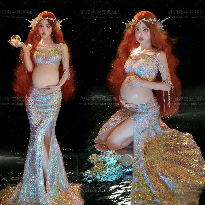 孕妇新款主题美人鱼公主亮片服装精灵拍照海边旅拍孕妈艺术照服饰