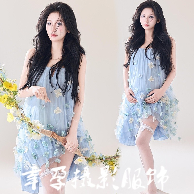 孕妇拍照服装新款小清新唯美多巴胺花朵网纱连衣裙孕妈大肚写真服