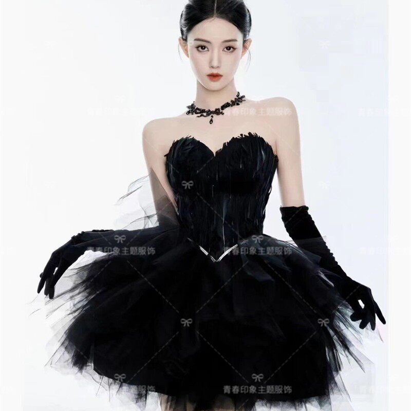 照相馆拍照服装舞台演出服新款黑色精灵天鹅羽毛抹胸小短裙生日写
