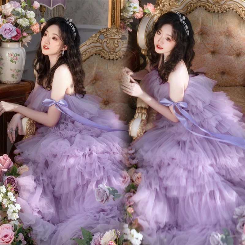 影楼少女生日艺术照服装唯美梦幻紫色轻纱连衣裙彩纱婚纱摄影礼服