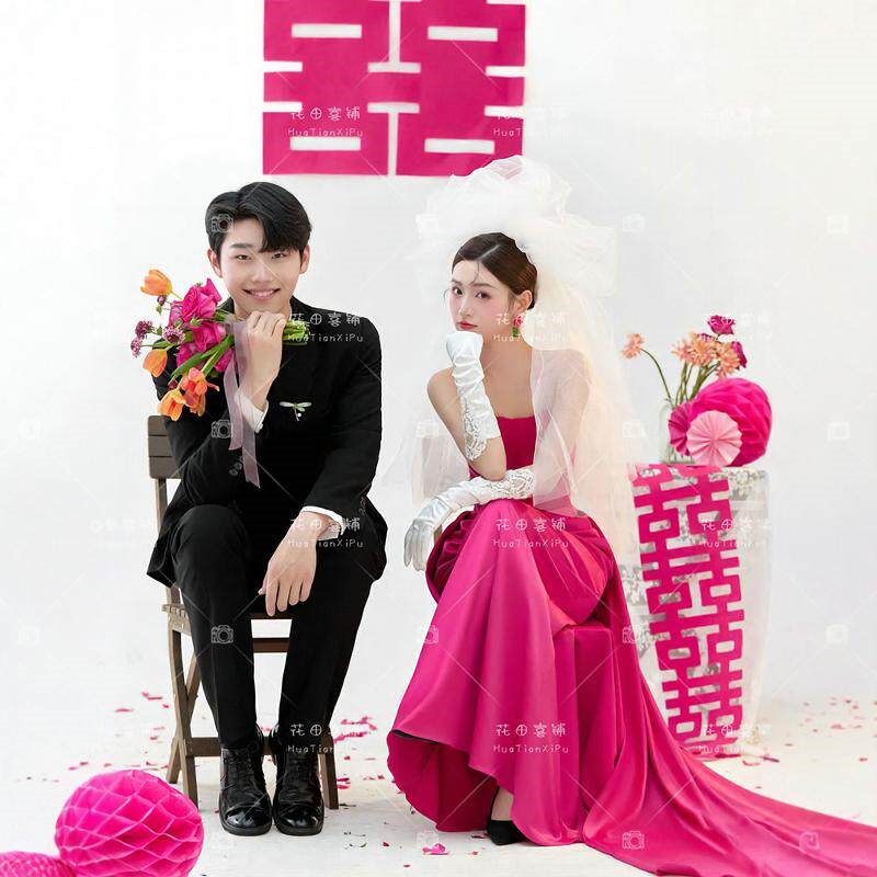 影楼主题喜嫁风情侣婚纱照玫红礼服高级感新娘晨袍订婚敬酒礼服