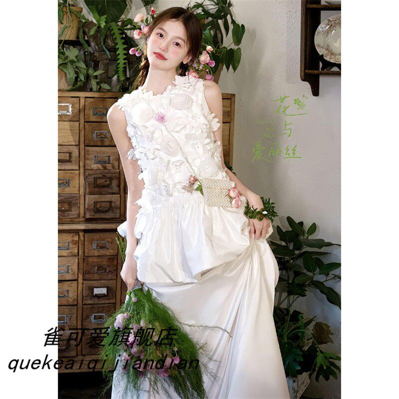 森系法式轻奢新娘礼服 订婚用梦幻聚酯纤维婚纱小个子专用