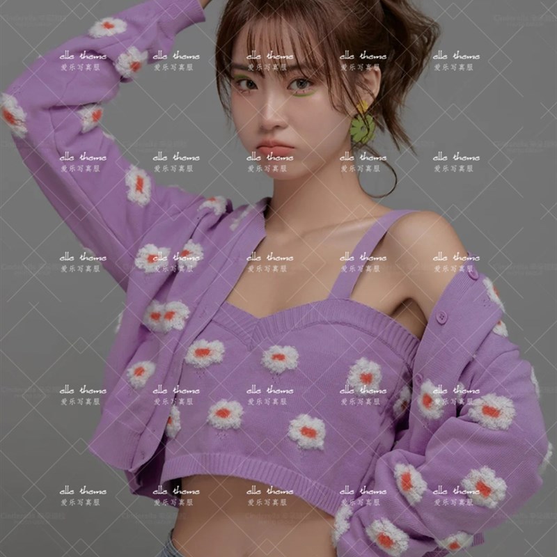 2021薇拉新款日系清新少女艺术形象照小雏菊紫色针织毛衣照相馆服