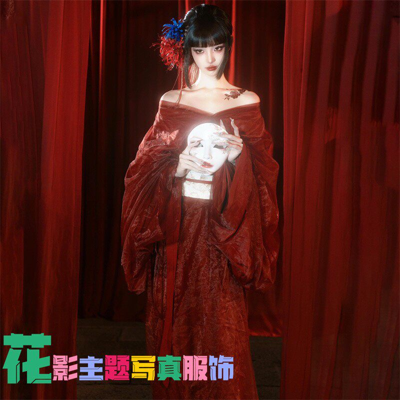 影楼魏晋拍照汉服红色古风风流仙裙长款纯欲风艺术照写真古装摄影