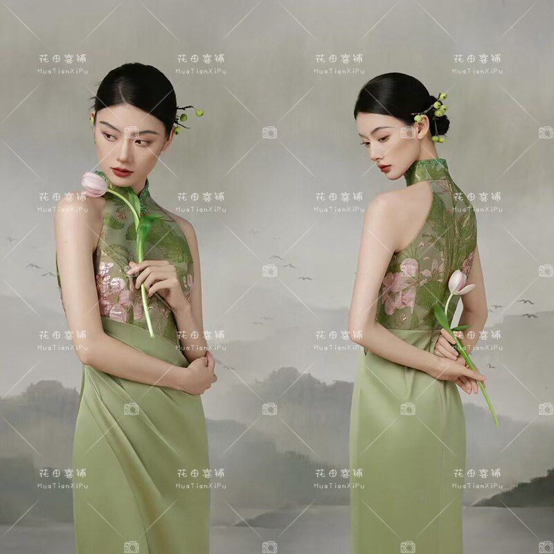 照相馆拍照主题服装情侣写真新中式园风林晨袍绿色旗袍礼服摄影婚