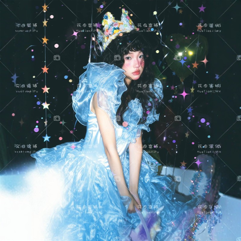 新款照相馆法式轻婚纱复古蓝色在逃公主生日礼服氛围感摄影写真服