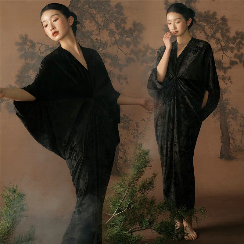 影楼新款黑色复古新中式汉服连衣裙女清冷拍照古装写真艺术照服装