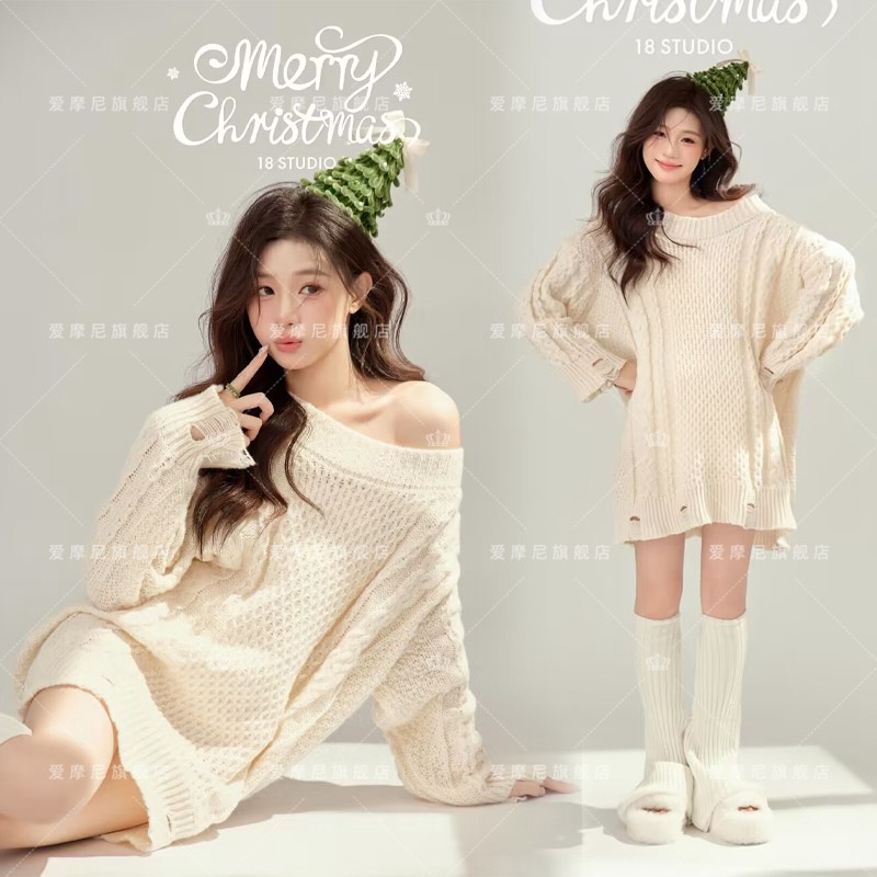 新款影楼秋冬新年圣诞节主题服装女毛衣小清新少女艺术照摄影衣服