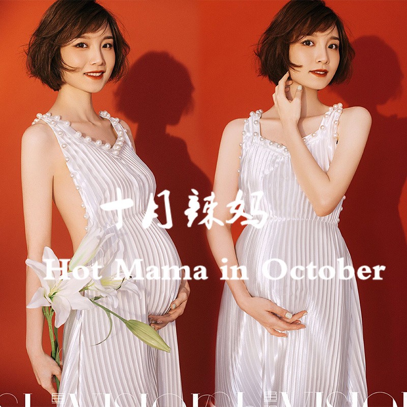 照相馆新款孕妇拍照服装露背珍珠白色蕾丝裙小清新大肚妈咪摄影服