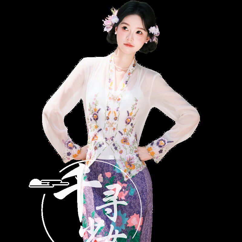 新款影楼小娘惹风傣族刺绣套装西双版纳民族簪花少女肖像写真服装