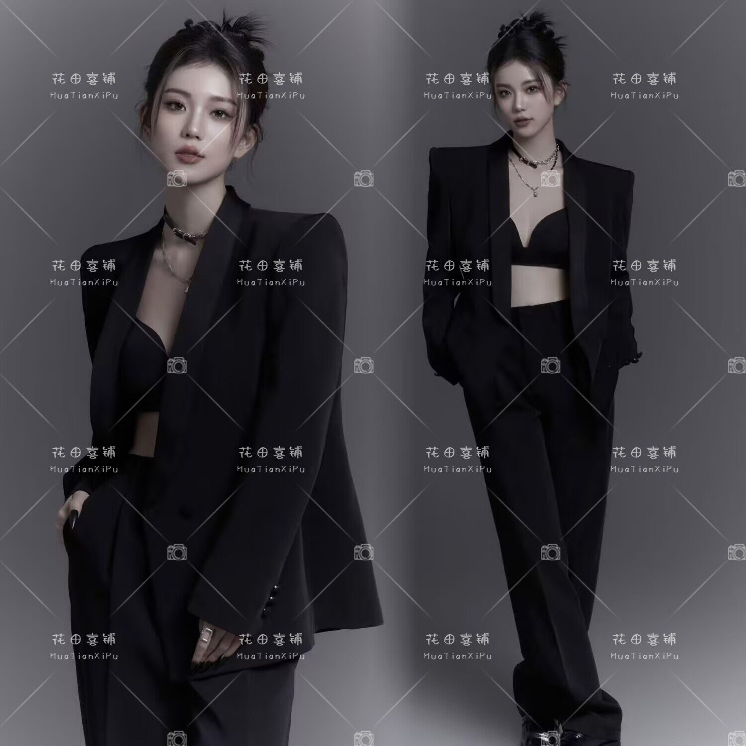 影楼拍照韩系气质高级少女黑色个人高级西装主题艺术照摄影服写真