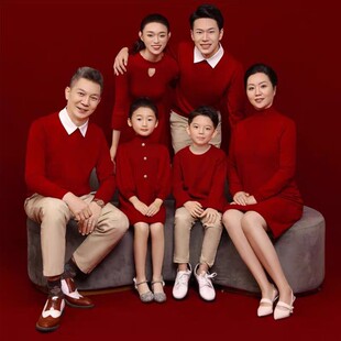 影楼全家福拍照主题服装简约亲子红色毛衣一家六口摄影全家福套装