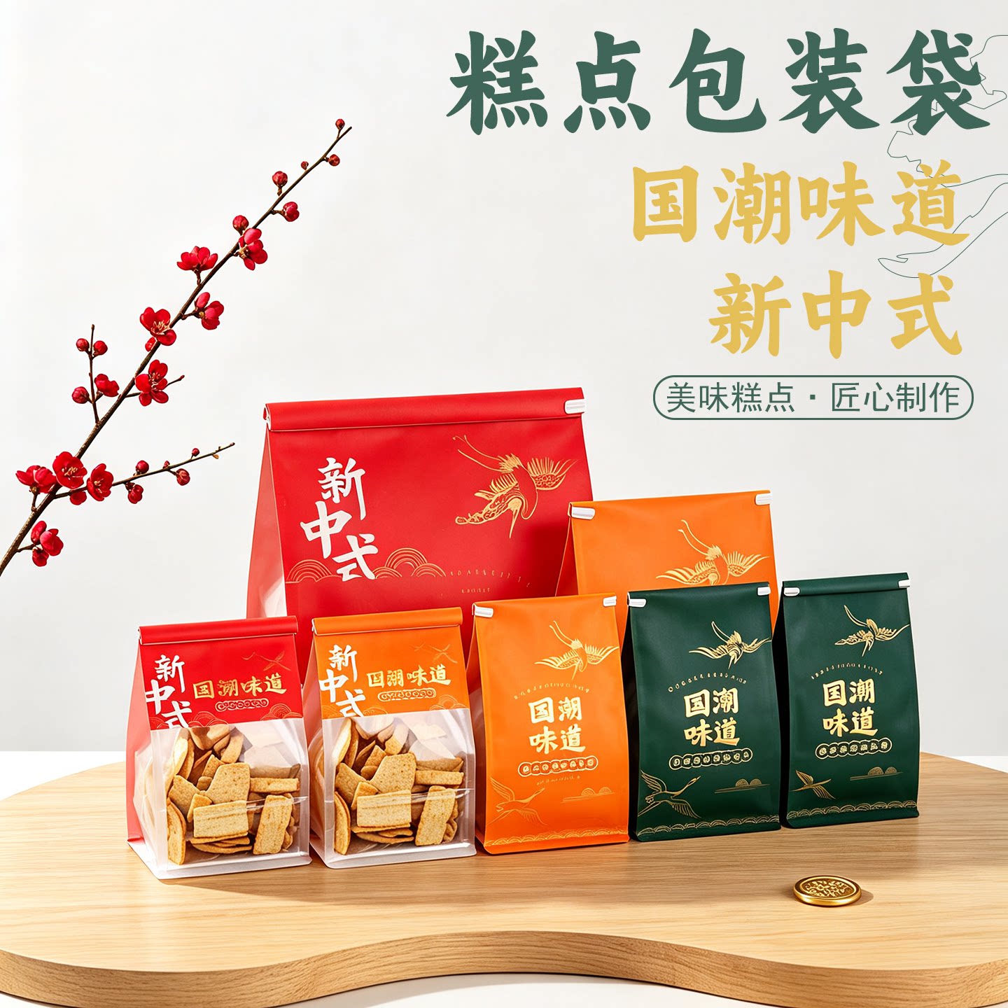 新中式糕点盒国潮味道西点纸袋烘焙包装袋吐司卷边纸袋