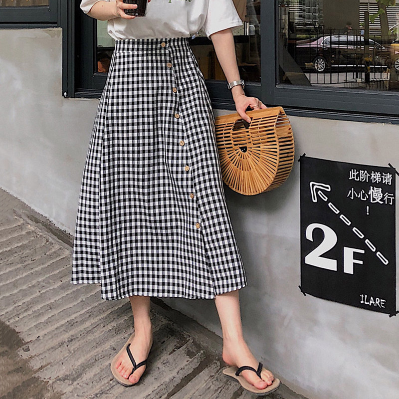 2019 new pattern Korean Edition Paige Show thin lattice skirt summer Versatile Single breasted a word The dress studentin the Women's clothing/Boutique , Skirts  category - from Buy2taobao.com to provide professional Taobao agent buy service
