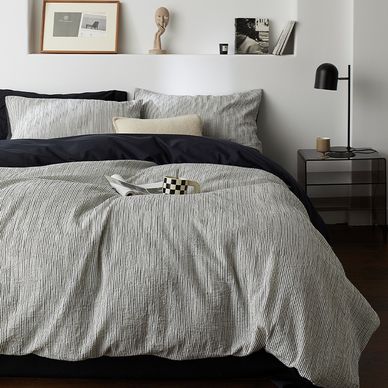 极简侘寂风丨四件套全棉100纯棉床单被套黑白条纹轻奢高级感床品