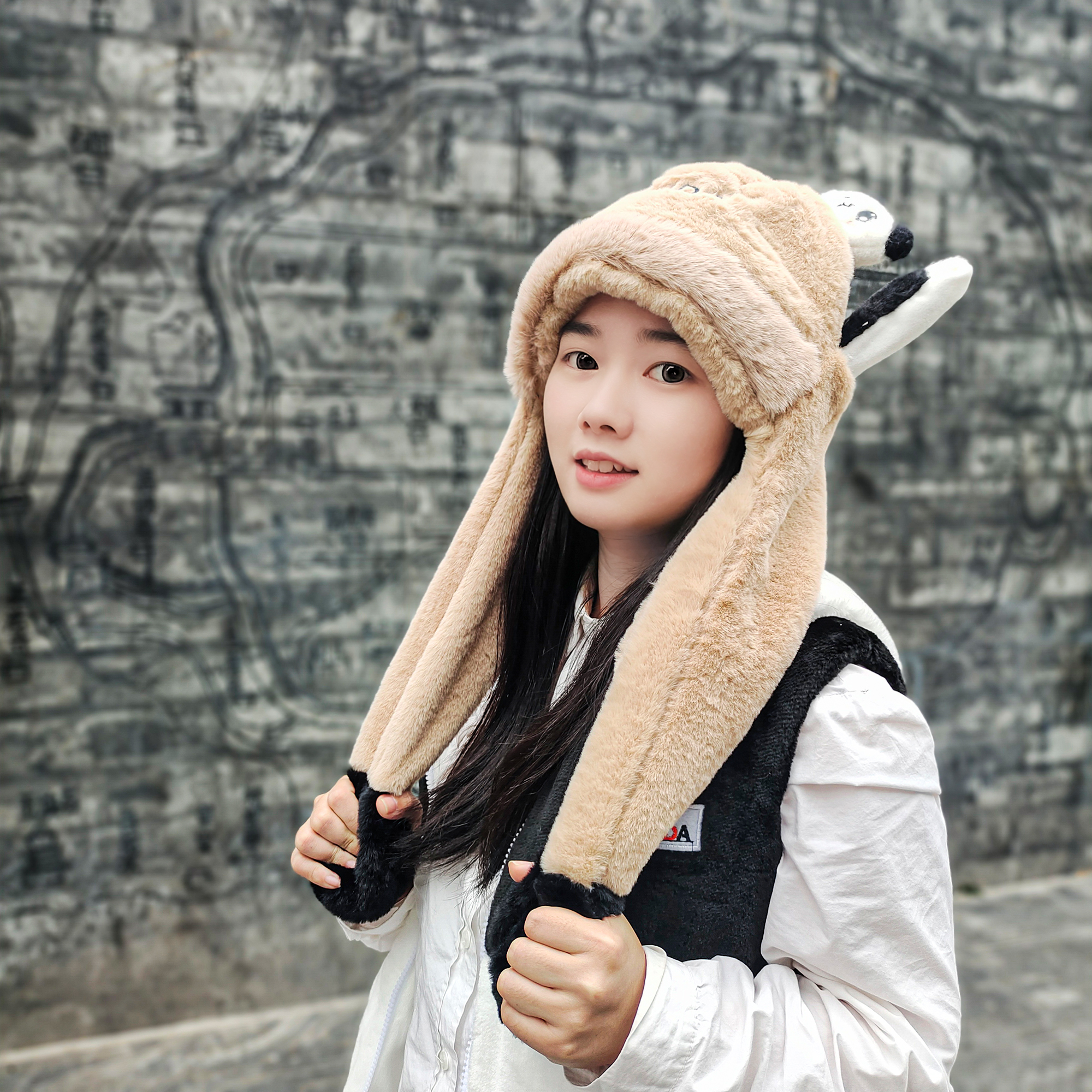 可爱熊猫耳朵会动帽子冬季女