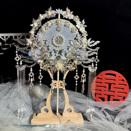 蓝色团扇结婚新娘中式婚礼diy材料包成品双面高级出嫁喜扇送闺蜜