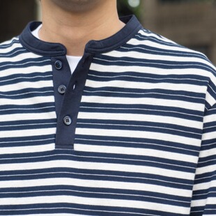 LABSTORE日系复古亨利领条纹休闲长袖T恤 290g重磅棉料基础款打底