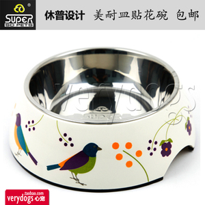 包邮买一送一 耐摔不锈钢防滑SUPER休普宠物狗猫碗 贴花美耐皿