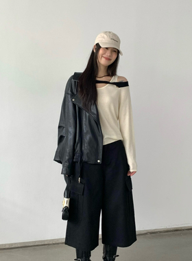 ONE TIME-甜美纯欲露肩扭结不规则撞色收腰显瘦长袖针织衫CC32060