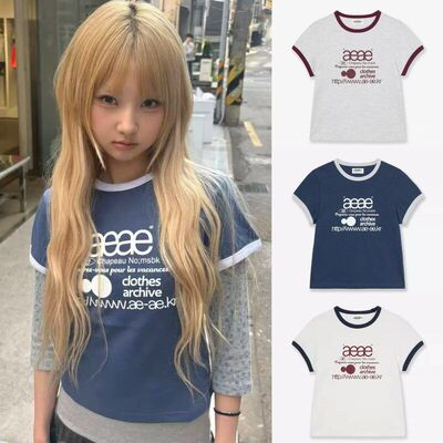 2026新韩国小众潮牌aeae短袖拼接撞色领短款正肩t恤女慵懒风上衣