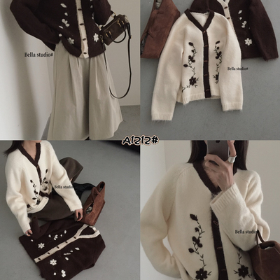HEY BELLA-衫被开爆韩系休闲宽松v领牛角扣绣花开衫保暖毛衣A1212