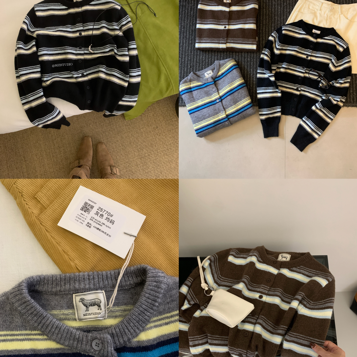 MZI STUDIO标撞色条纹柔软细腻纽扣圆领开衫小外套保暖毛衣25770