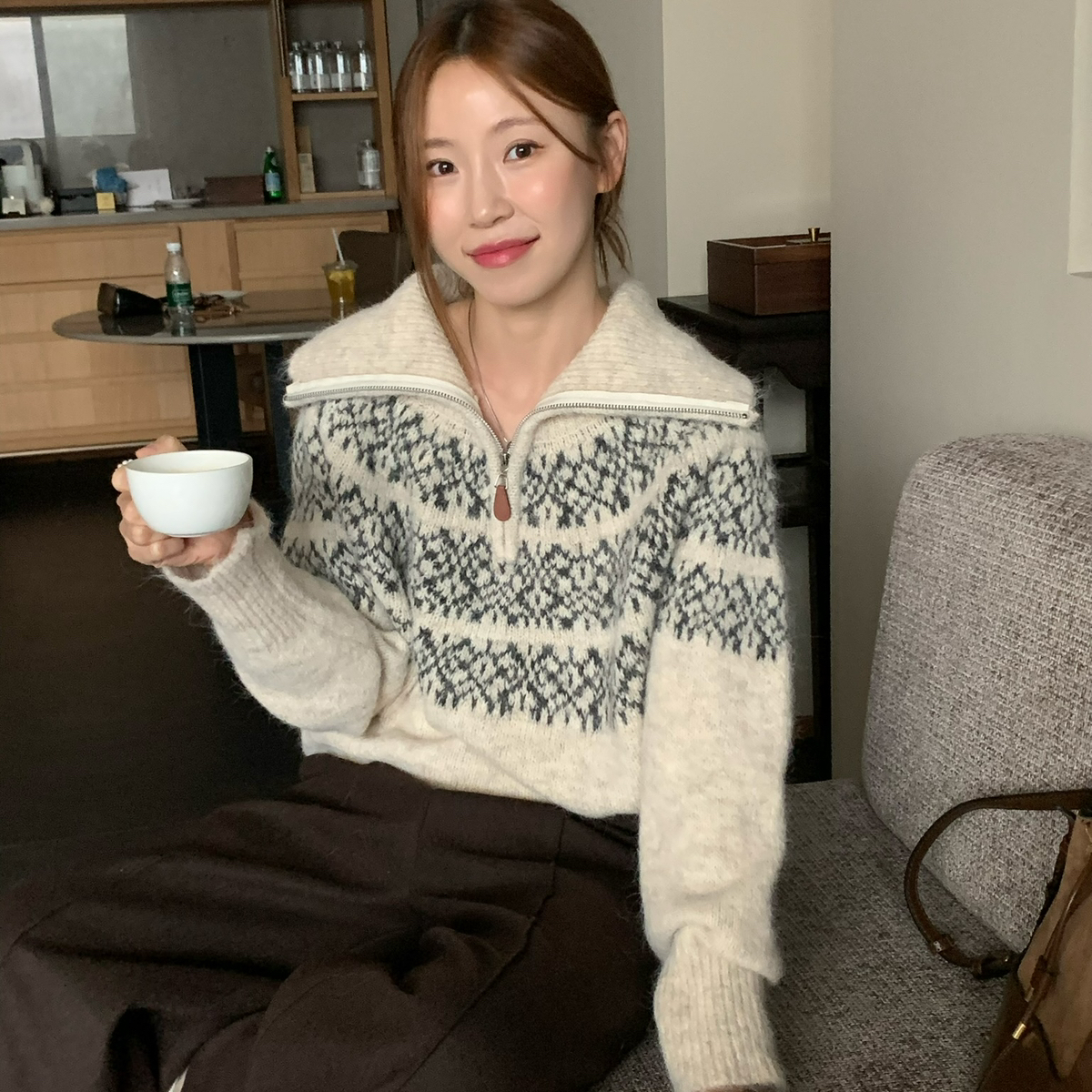 KITTIN-end｜复古拉链高领费尔岛提花翻领保暖毛衣（含11羊毛）G1