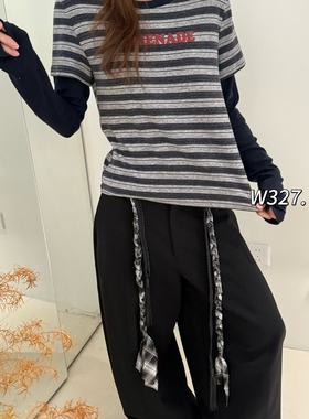 W327.-冬上新休闲百搭假两件条纹字母印花长袖T恤59296