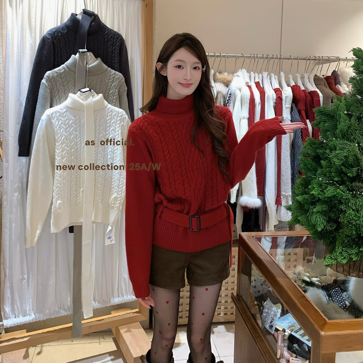 AS OFFICIAL-动机·新年氛围红高领麻花系带保暖毛衣(配腰带)8066