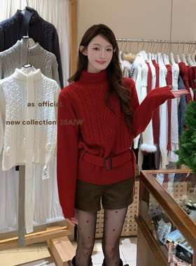 AS OFFICIAL-动机·新年氛围红高领麻花系带保暖毛衣(配腰带)8066