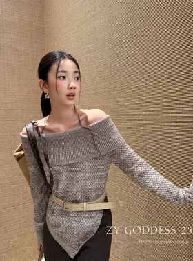 ZY GODDESS-气质一字肩不规则下摆设计感针织毛衣(配腰带)ZyL686