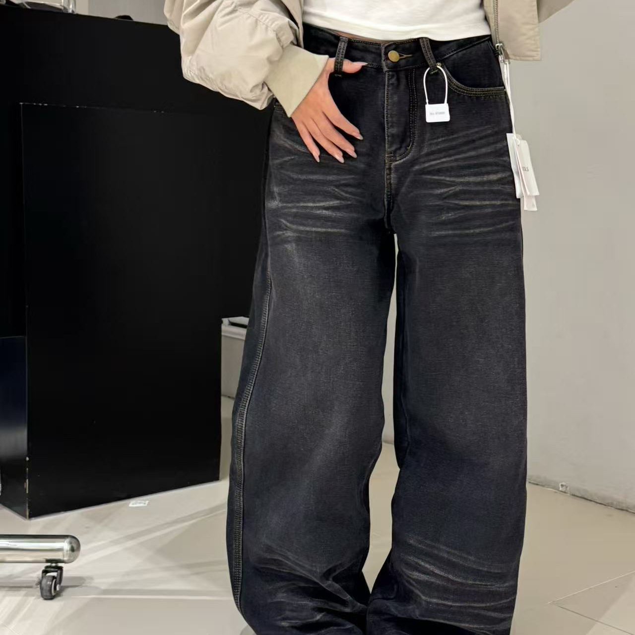 大小姐DXJ-冬上新黑色做旧猫须阔腿裤加绒牛仔裤YS1-2087