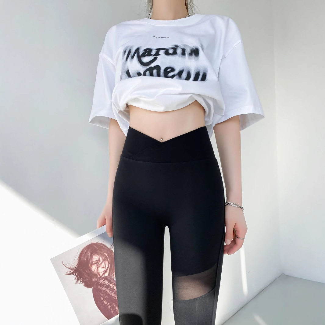 夏季薄款V腰打底裤网纱拼接个性健身裤高弹力显瘦九分裤子女