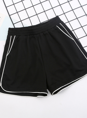 2025夏松紧腰运动短裤女夏白边百搭宽松外穿舒适阔腿黑色休闲裤潮
