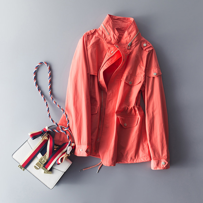 2023新款春装女装外套简约纯色收腰显瘦工装风立领薄款风衣夹