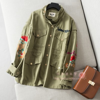 单层棉布衬里刺绣立领军绿薄外套
