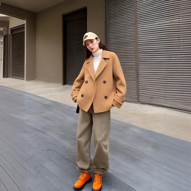 短款宽松双面羊绒大衣简约