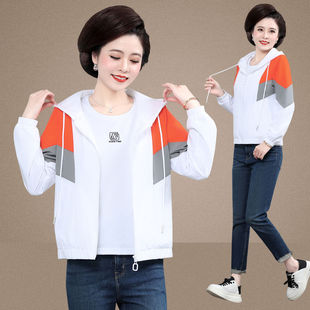 减龄新款拼色口袋薄款开衫中年妈妈宽松运动休闲连帽卫衣单件外套