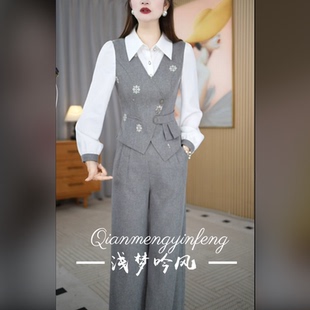 【两件套】春装新款洋气时尚绣花衬衫长裤休闲两件套套裤M-4XL